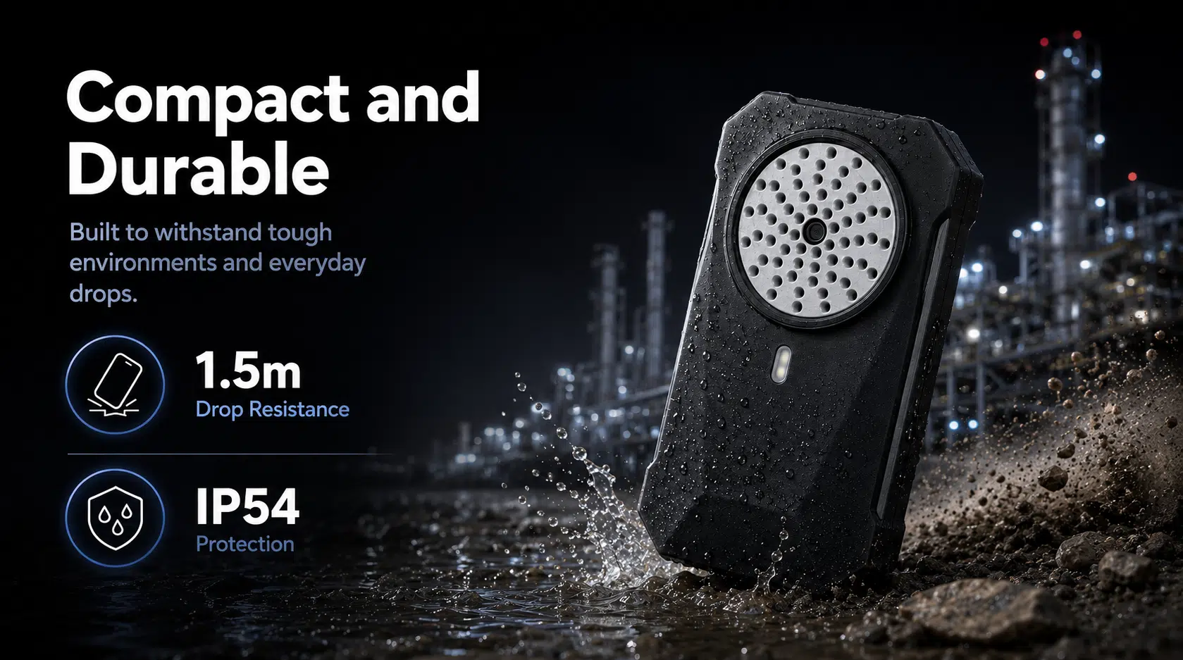 Caméra acoustique SonoCam Pocket avec protection IP54 et résistance aux chutes de 1,5 mètre, conçue pour une détection fiable des fuites et des décharges partielles dans des environnements industriels difficiles.