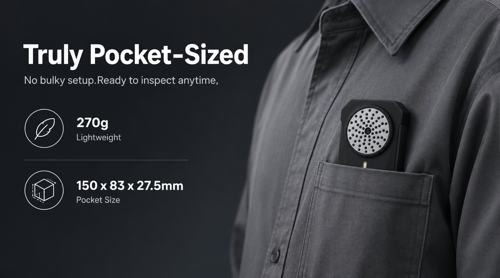 Pocket-sized SonoCam acoustic imaging camera weighing only 270 grams, designed for convenient industrial leak detection, predictive maintenance, and on-site equipment inspections.