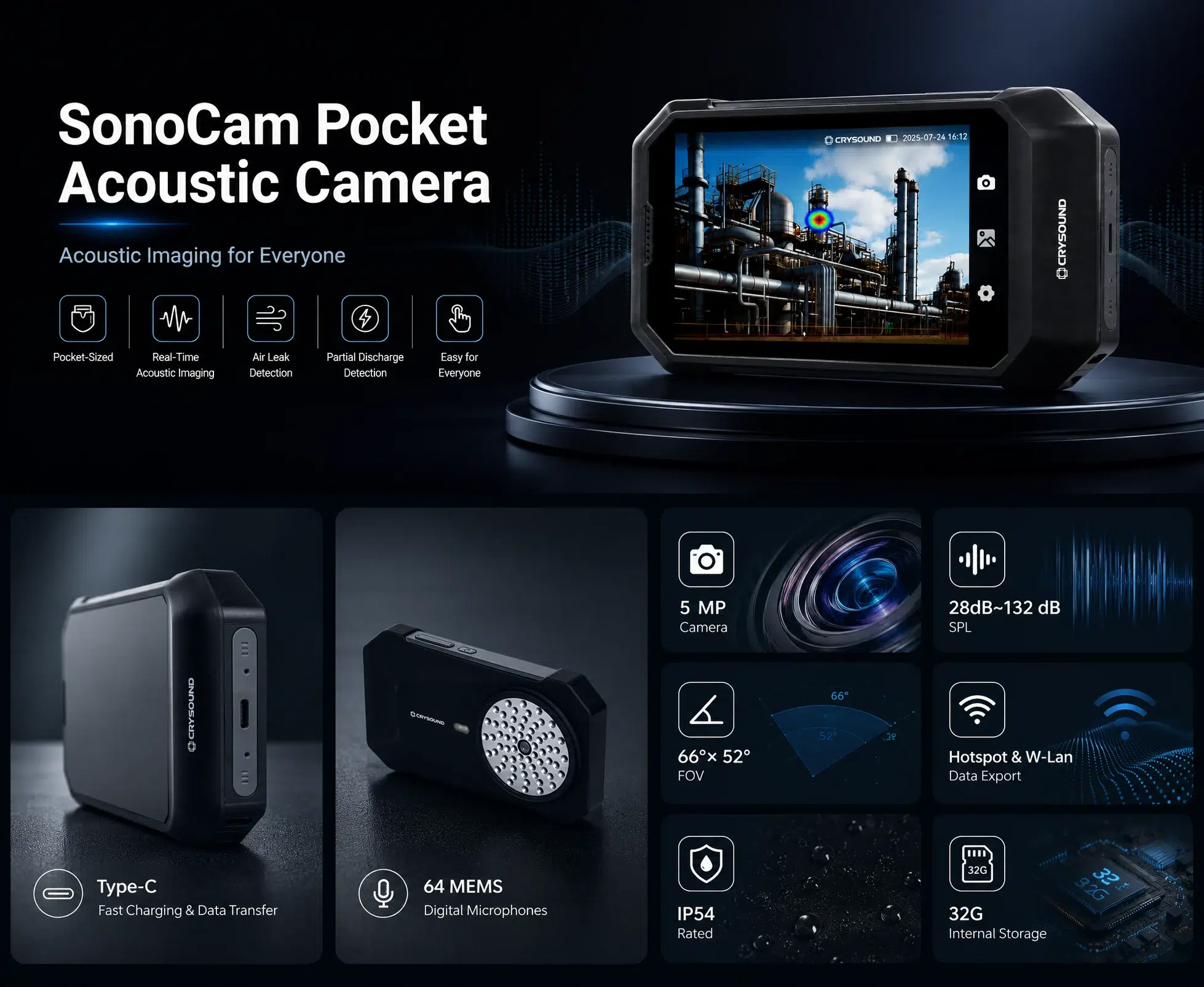 SonoCam Pocket acoustic camera displaying key features including real-time acoustic imaging, leak detection, partial discharge detection, and wireless data sharing.
