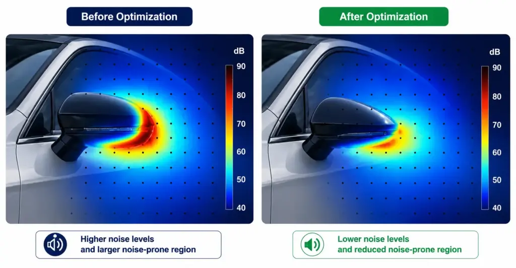 side-mirror-noise, aeroacoustic-optimization, noise-reduction, acoustic-imaging, sound-source-localization, before-and-after-comparison, vehicle-aerodynamics, side-mirror-design, wind-noise-analysis, noise-source-mapping, acoustic-hotspot, sound-pressure-level, noise-level-comparison, aerodynamic-noise-control, automotive-nvh, acoustic-performance-improvement, flow-induced-noise, vehicle-noise-optimization, aeroacoustic-testing, acoustic-visualization