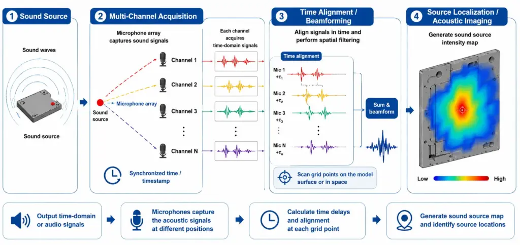 acoustic-imaging, sound-source-localization, beamforming, microphone-array, multi-channel-acquisition, time-alignment, spatial-filtering, acoustic-signal-processing, source-localization, intensity-map, synchronized-sampling, time-domain-signals, sound-wave-detection, delay-calculation, signal-alignment, acoustic-measurement, sound-source-mapping, array-processing, noise-source-identification, acoustic-visualization