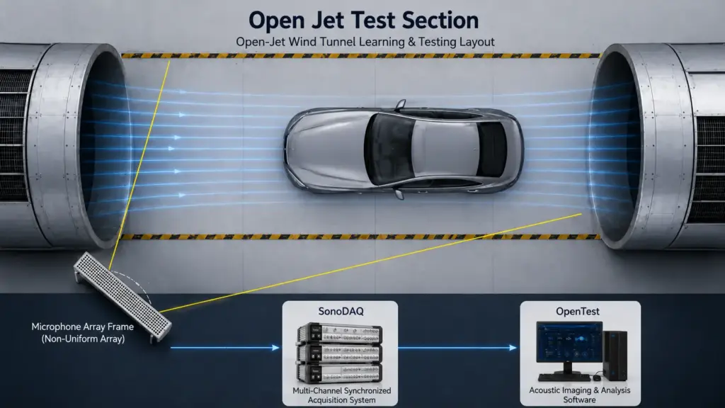 open-jet-test-section, open-jet-wind-tunnel, wind-tunnel-layout, aeroacoustic-testing, vehicle-aerodynamics, microphone-array, non-uniform-array, acoustic-measurement-system, sound-source-localization, acoustic-imaging, multi-channel-acquisition, synchronized-data-acquisition, sonodaq-system, opentest-software, aerodynamic-noise-analysis, automotive-testing, acoustic-signal-processing, test-section-configuration, wind-noise-evaluation, aeroacoustic-measurement-workflow