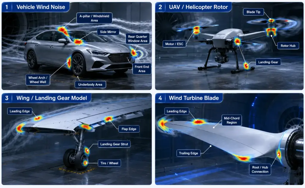 vehicle-wind-noise, uav-noise-analysis, helicopter-rotor-noise, aircraft-landing-gear-noise, wind-turbine-blade-noise, acoustic-imaging, sound-source-localization, aeroacoustic-testing, noise-source-mapping, aerodynamic-noise-analysis, microphone-array-measurement, acoustic-hotspot-identification, vehicle-nvh, rotor-blade-noise, motor-esc-noise, landing-gear-noise, wing-noise-analysis, wind-turbine-aeroacoustics, flow-induced-noise, engineering-noise-diagnostics, acoustic-visualization, multi-industry-applications, aeroacoustic-measurement, noise-reduction-optimization, source-localization-analysis