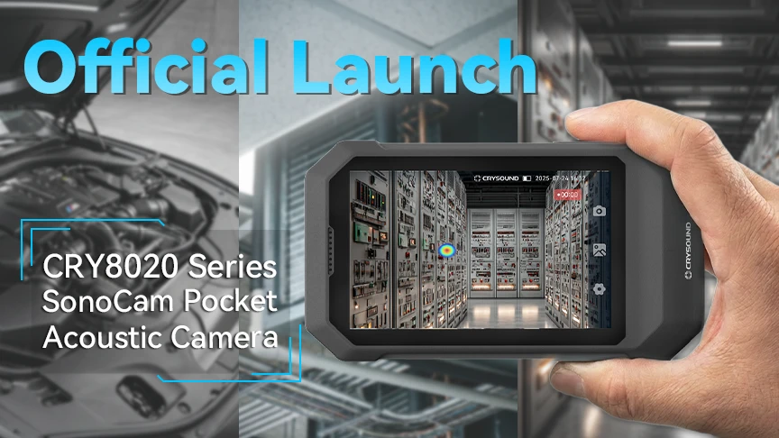 CRY8020 Series SonoCam Pocket Acoustic Camera official launch cover image showing acoustic imaging on industrial equipment