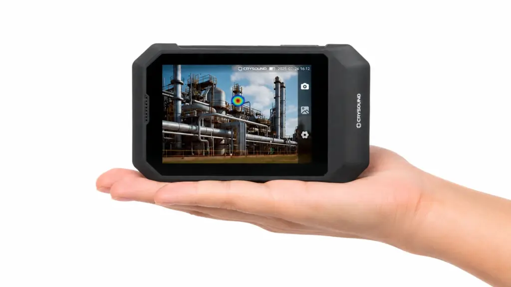 CRY8020 Series SonoCam Pocket Acoustic Camera showing real-time acoustic imaging in a handheld design