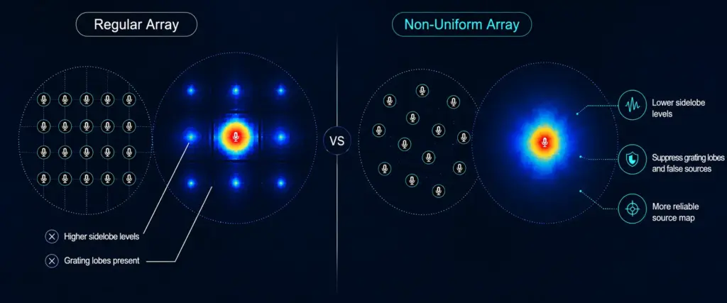 regular-array, non-uniform-array, microphone-array, array-geometry, beamforming-performance, acoustic-imaging, sound-source-localization, sidelobe-reduction, grating-lobe-suppression, false-source-rejection, spatial-resolution, source-map-accuracy, array-design-optimization, acoustic-array-comparison, signal-processing, source-detection, localization-accuracy, measurement-reliability, acoustic-visualization, beamforming-analysis
