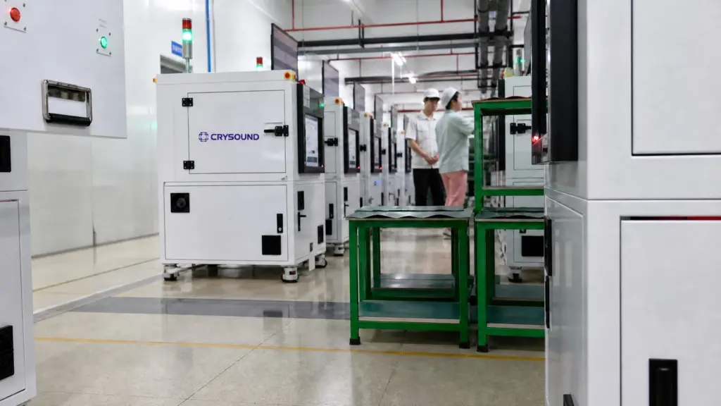 CRYSOUND acoustic test chambers on a wearable audio production line for high-volume audio testing