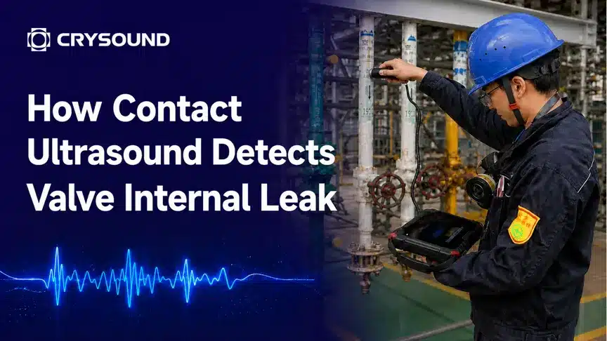 Technicien utilisant un capteur ultrasonore de contact CRYSOUND pour détecter une fuite interne de vanne dans une installation industrielle.