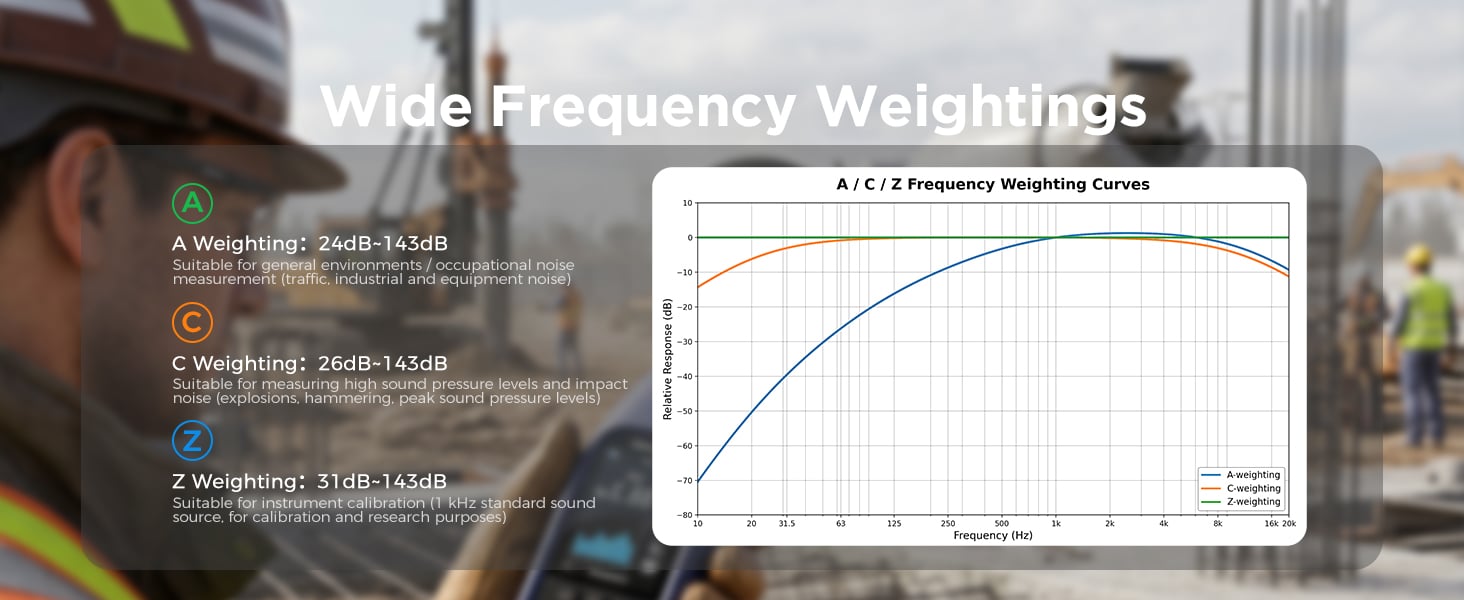 A, C and Z frequency weighting modes on the CRY2832-2 Lite sound level meter for professional noise measurement.