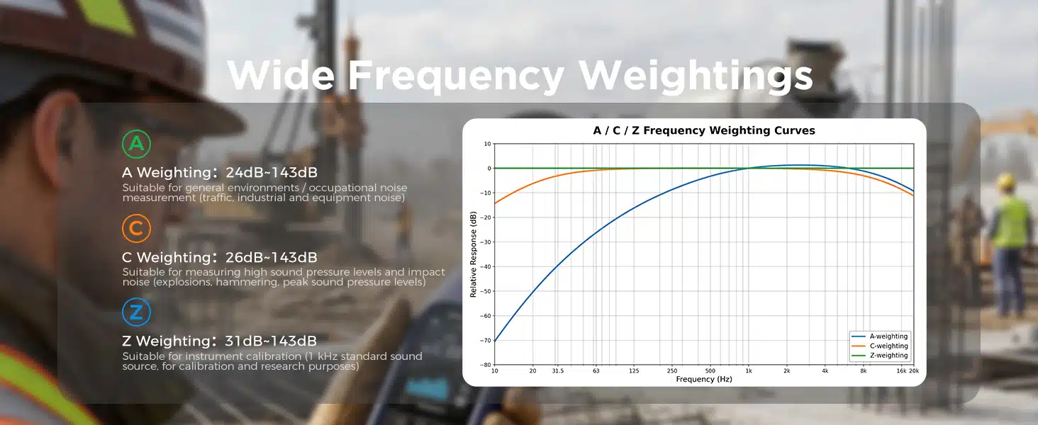 A, C and Z frequency weighting modes on the CRY2832-2 Lite sound level meter for professional noise measurement.
