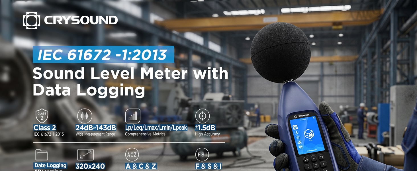 CRY2832-2 Lite IEC 61672-1 Class 2 sound level meter with data logging for industrial noise monitoring.