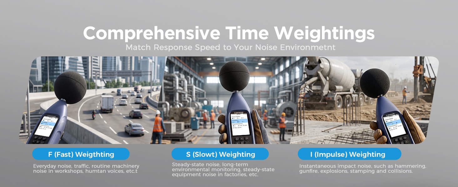 Fast, Slow and Impulse time weighting modes for accurate environmental and industrial noise measurements.