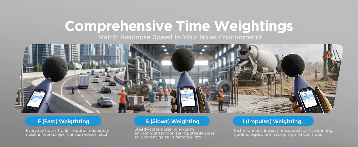 Fast, Slow and Impulse time weighting modes for accurate environmental and industrial noise measurements.