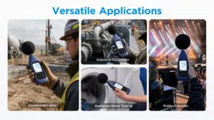Sonomètre CRY2832-2 Lite de classe 2 utilisé sur les chantiers de construction, pour les équipements industriels, les tests de bruit d’appareils et la surveillance d’événements publics.