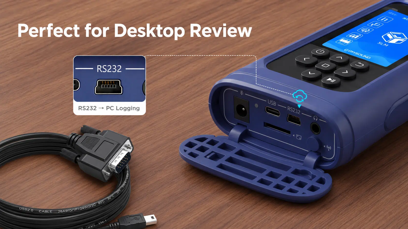 Sonomètre CRY2832-2 Lite avec connectivité USB et RS232 pour l’enregistrement de données sur PC, l’analyse sur poste de travail et l’élaboration de rapports.