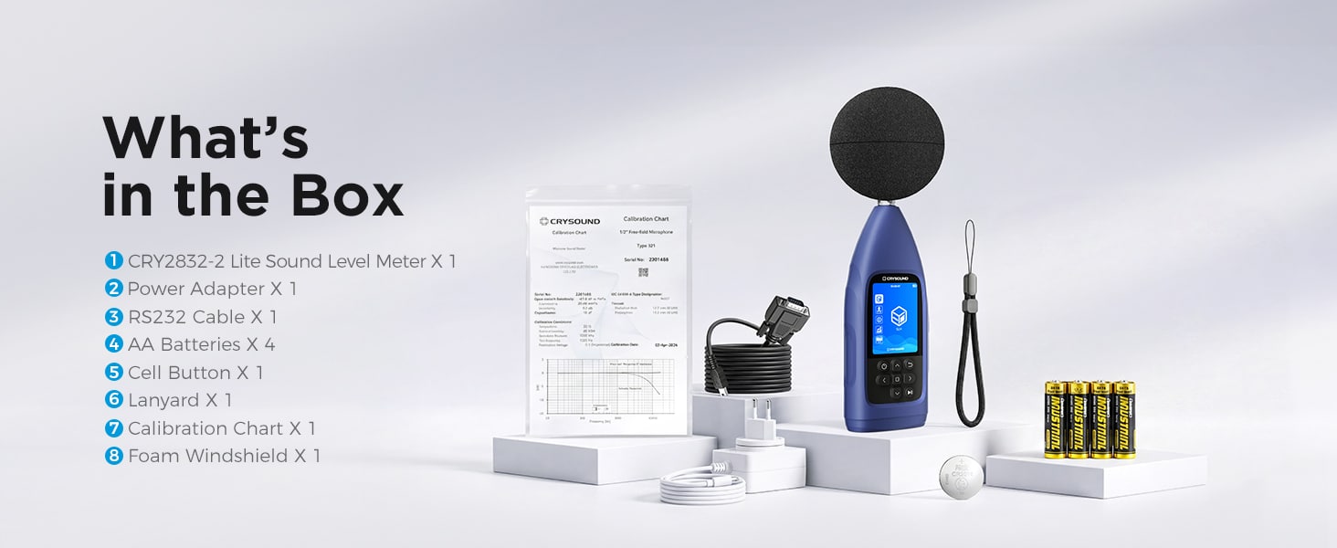 CRY2832-2 Lite package includes sound level meter, calibration chart, cables, batteries and accessories.