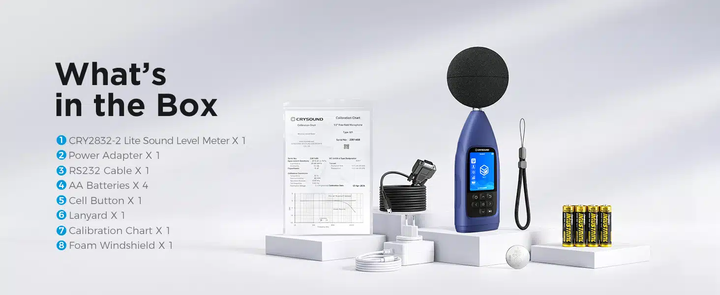 CRY2832-2 Lite package includes sound level meter, calibration chart, cables, batteries and accessories.