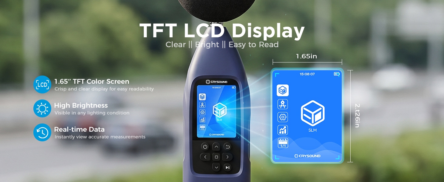 1.65-inch TFT color display on the CRY2832-2 Lite for clear real-time sound level readings.