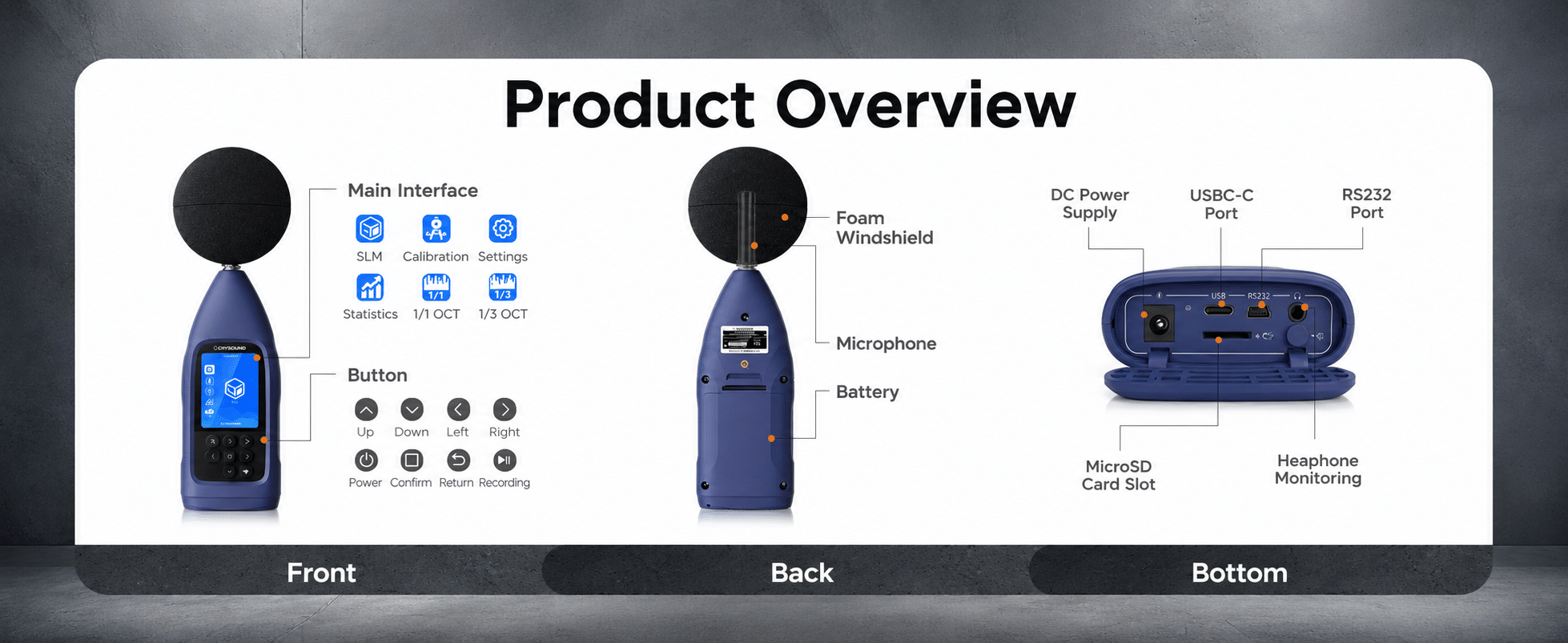CRY2832-2 Pro sound level meter with control buttons and functions