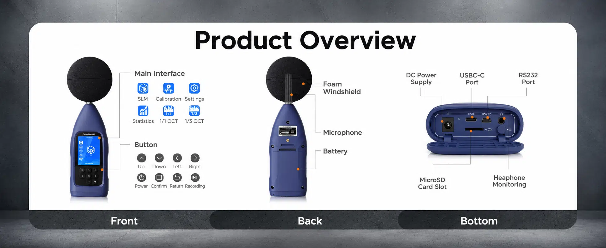 CRY2832-2 Pro sound level meter with control buttons and functions