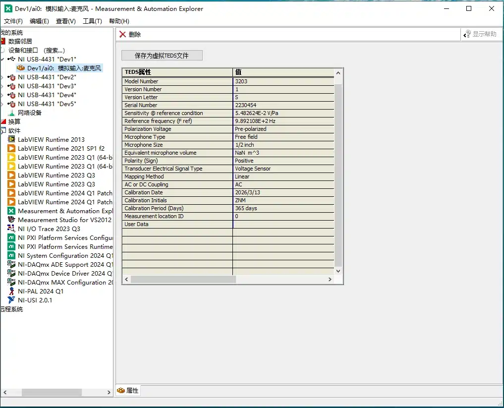 NI USB-4431 interface displaying TEDS data read from a CRY3203-S01 measurement microphone set