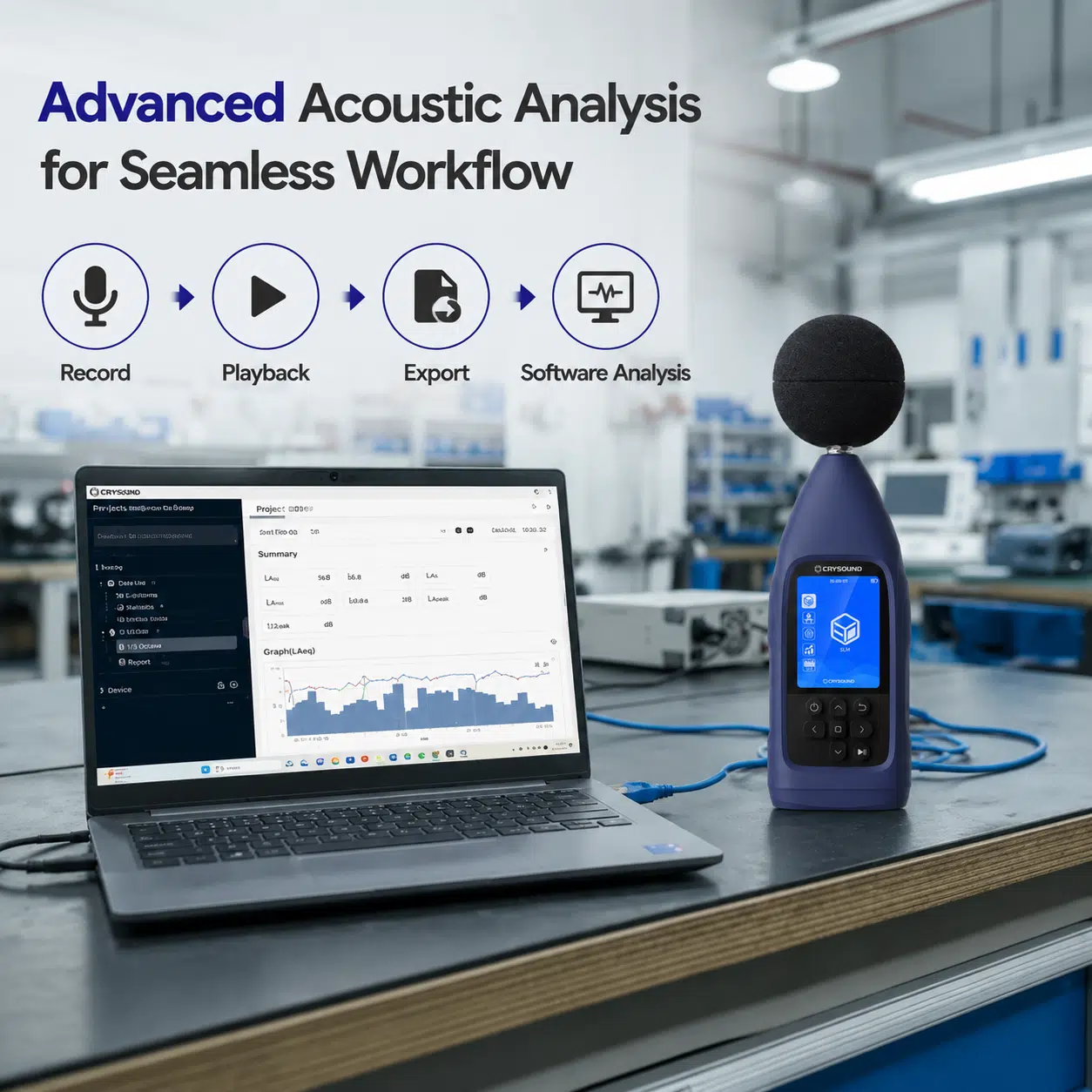 Sonomètre CRYSOUND avec enregistrement, lecture, exportation et analyse logicielle