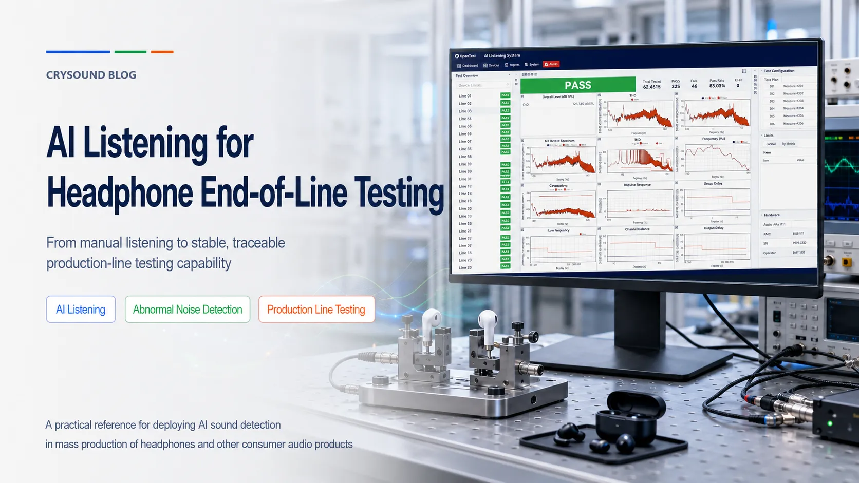 AI listening system for headphone end-of-line testing with acoustic fixtures and production-test software interface