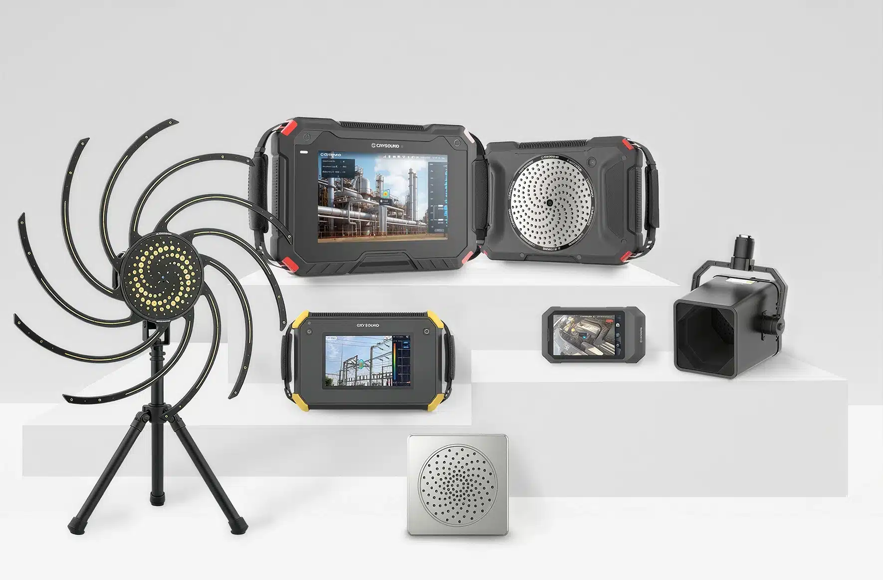 CRYSOUND acoustic imaging devices from the handheld, fixed, UAV, pocket and SonoCam Pi series on display.