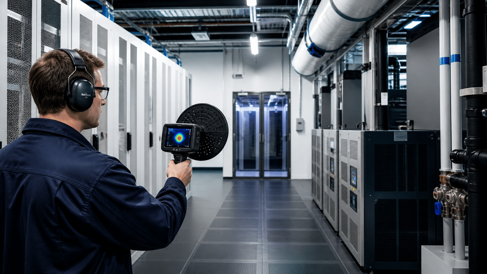 Ingénieur de site utilisant une caméra acoustique portable pour inspecter l’infrastructure de refroidissement d’un centre de données et des conduites sous pression