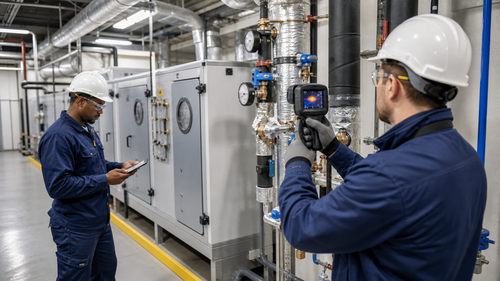 Ingénieurs de maintenance utilisant une caméra acoustique portable pour inspecter les vannes CVC, la tuyauterie et les équipements de traitement d’air dans une salle des machines