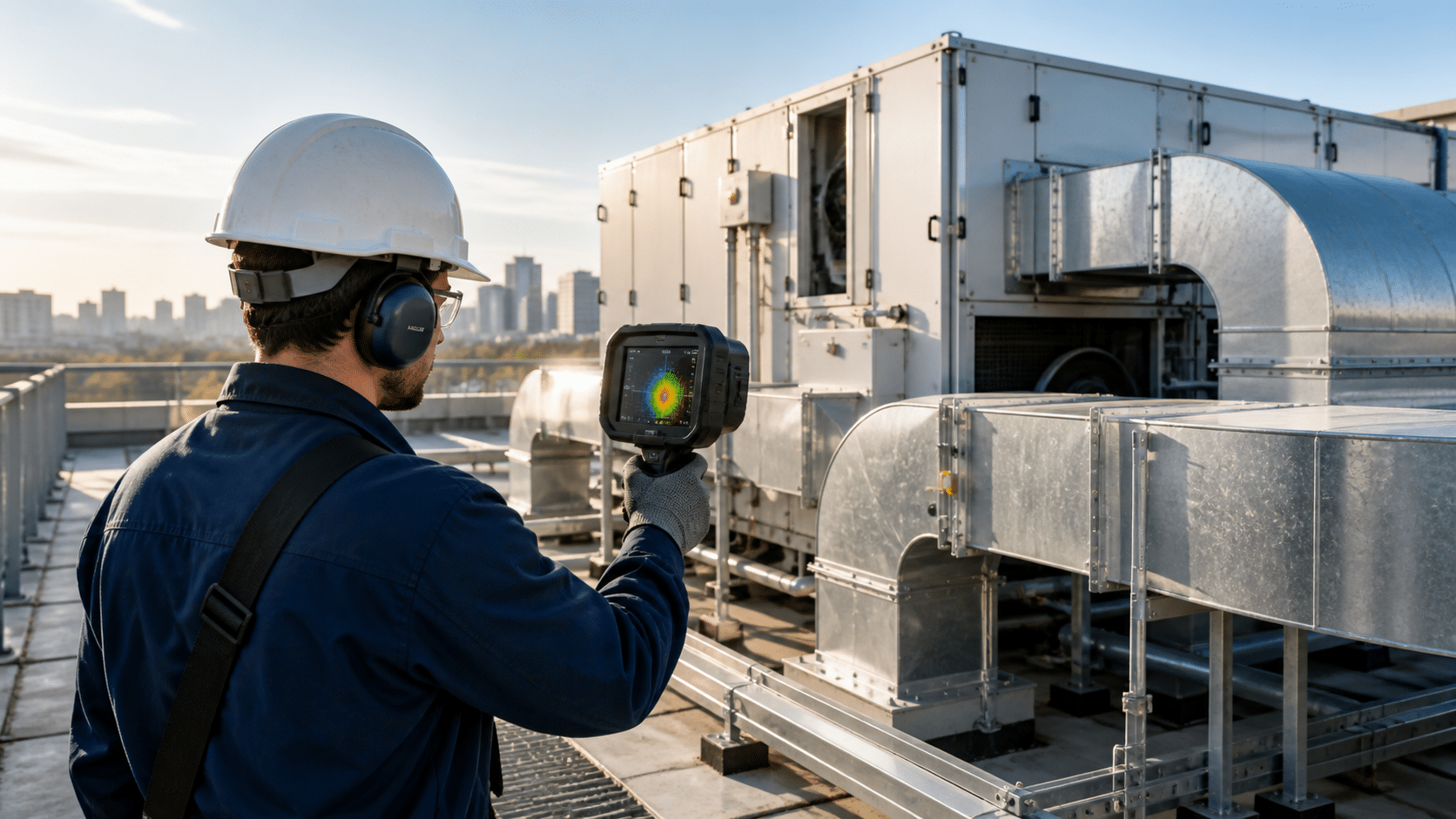Technicien CVC utilisant une caméra acoustique portable pour inspecter des centrales de traitement d’air en toiture et des raccordements de conduits