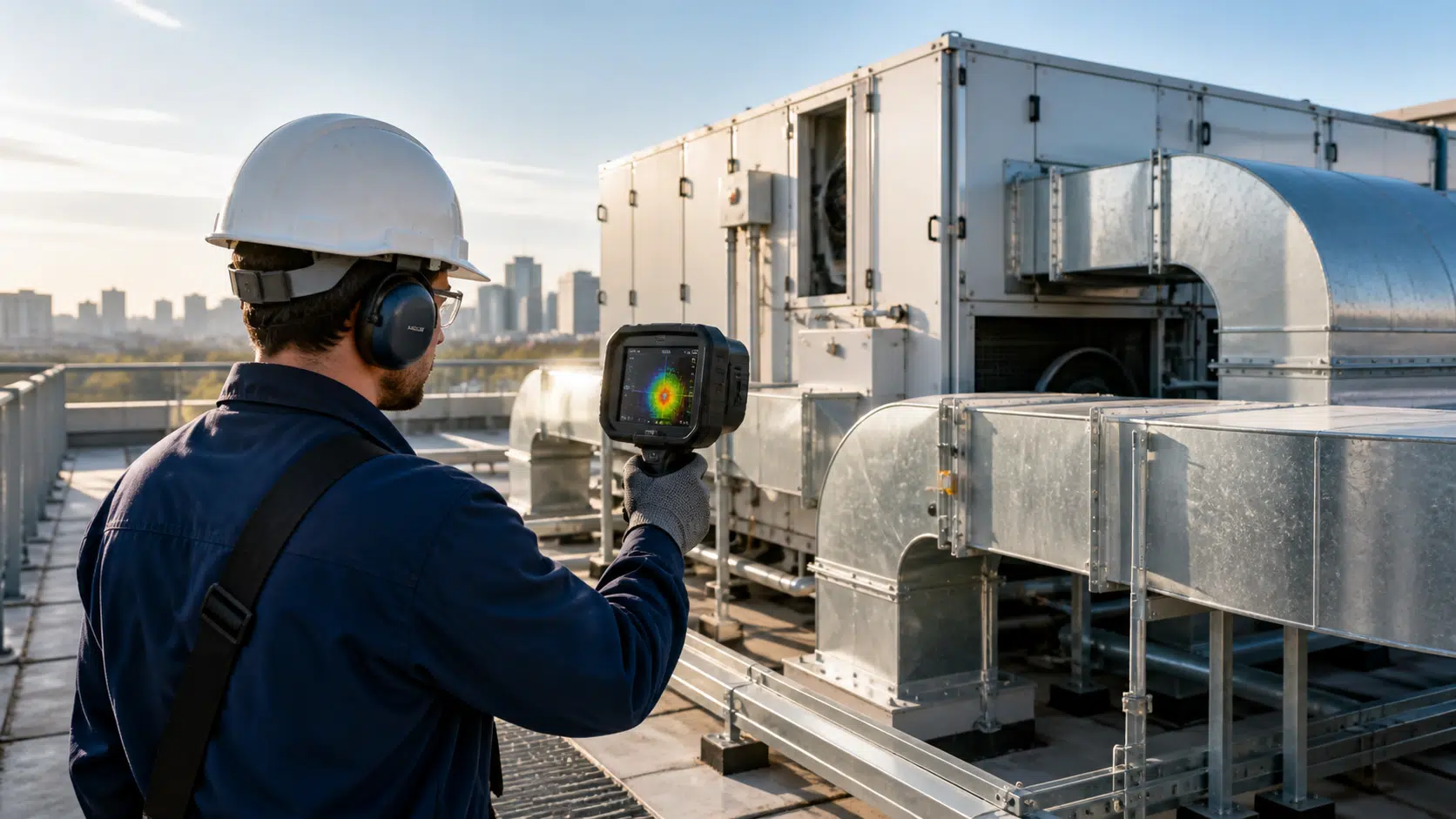 HVAC technician using a handheld acoustic camera to inspect rooftop air handling units and duct connections