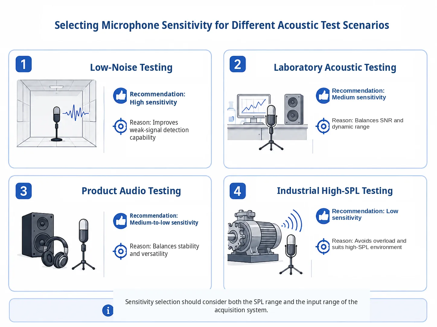 Überlegungen zur Empfindlichkeit von Messmikrofonen für rauscharme Messungen, Labor-, Audio- und industrielle Hoch-SPL-Tests