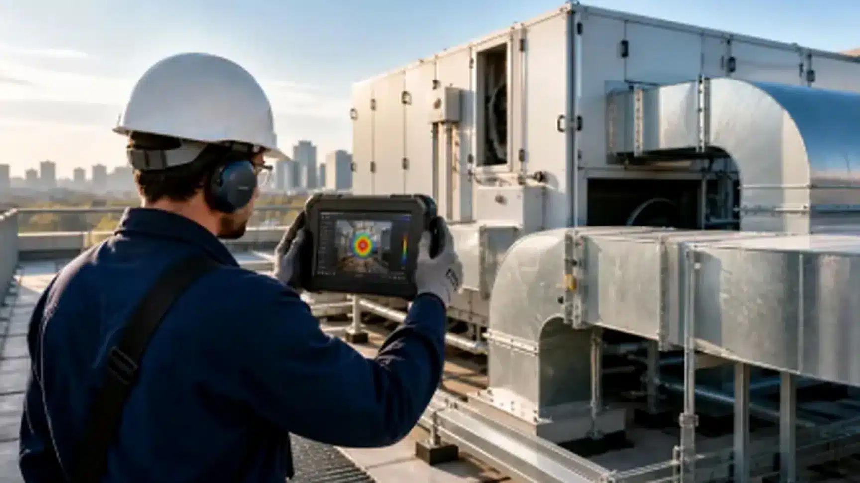 Técnico a utilizar uma câmara de imagem acústica para inspecionar equipamento de HVAC na cobertura e rede de condutas