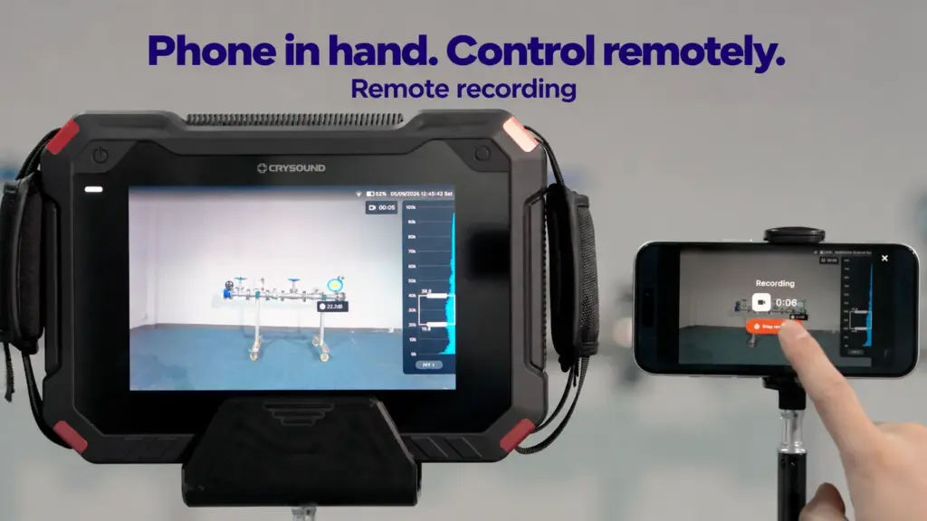 A phone running Acoustic Link shows remote recording controls beside a CRY8120 Series camera viewing the same valve test rig.