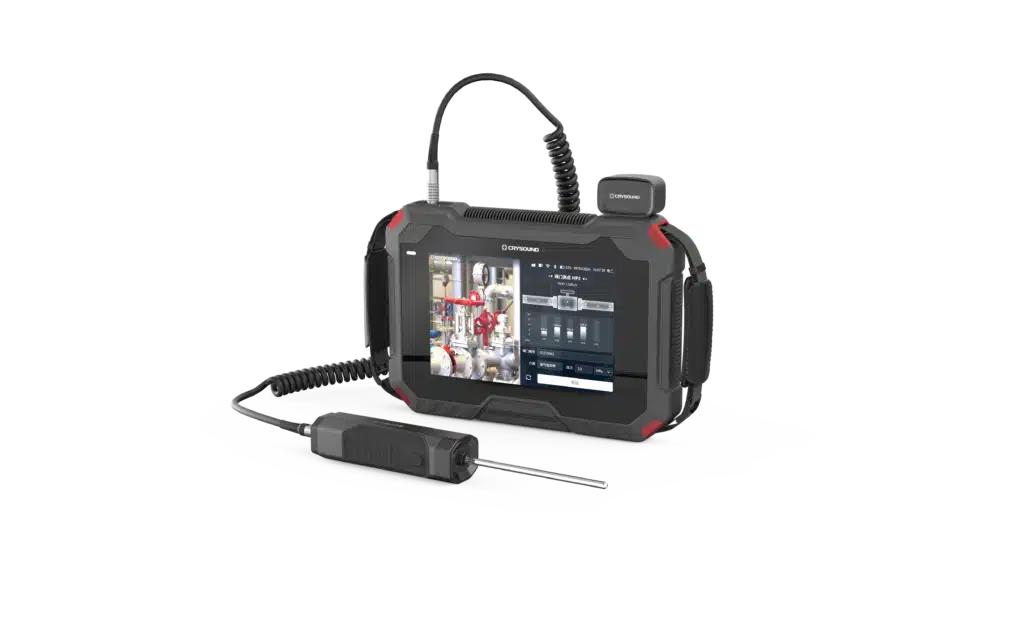 CRY8120 Series camera connected to a probe for internal valve leak detection, with a thermal imaging module mounted on top.
