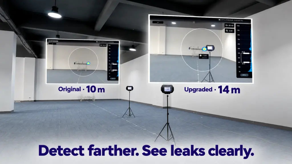 Indoor CRY8120 Series leak detection comparison, with the original camera setup labeled 10 m and the upgraded setup labeled 14 m.
