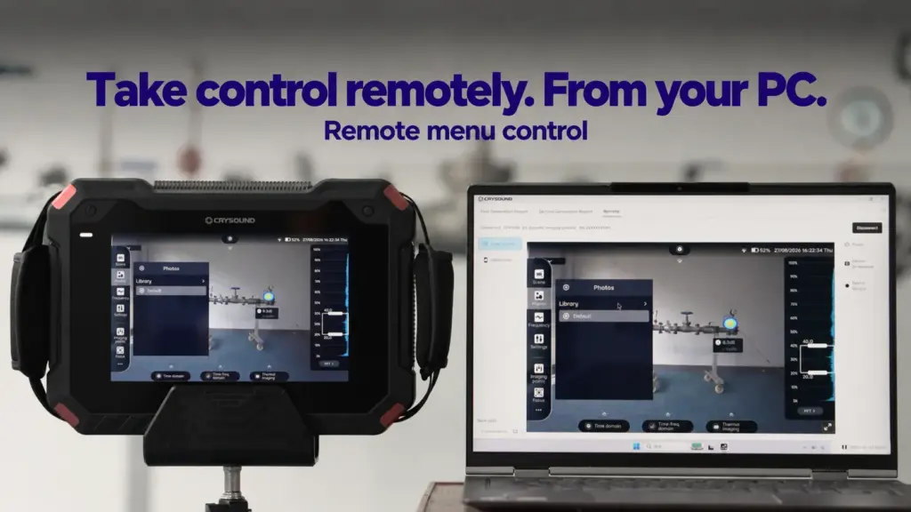 CRY8120 Series camera beside a laptop showing the same inspection scene and Photos menu in the PC remote-control interface.