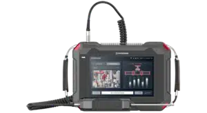 CRYSOUND acoustic imaging camera connected to a contact ultrasound probe, showing a valve internal leak test result.