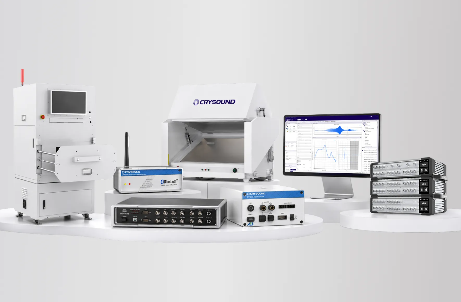 Acoustic test chambers, analyzers, and audio interfaces displayed with CRYSOUND electroacoustic test software on a monitor.