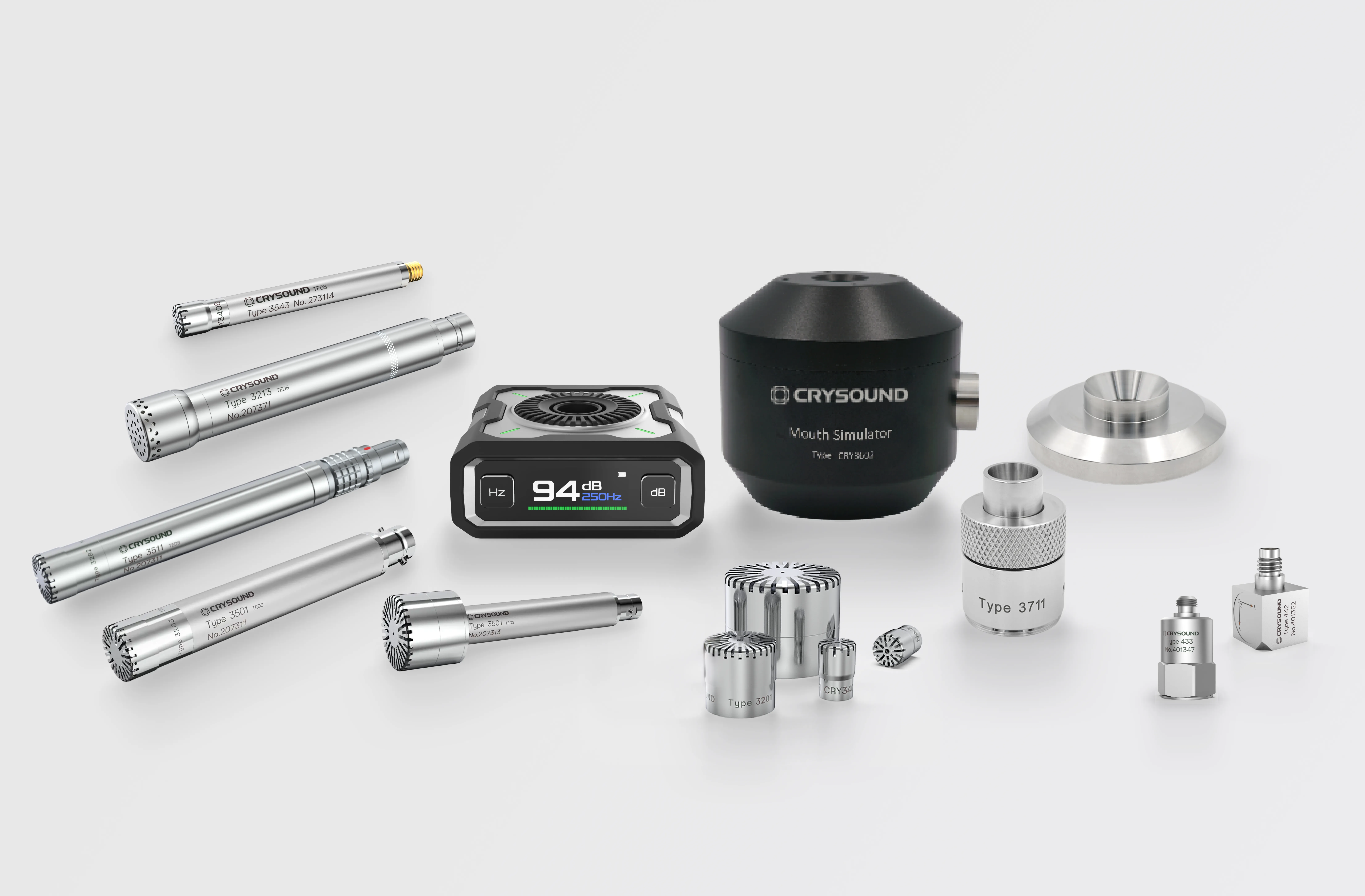 CRYSOUND sensors for sound and vibration measurement, featuring measurement microphones, ear and mouth simulators, and accelerometers.